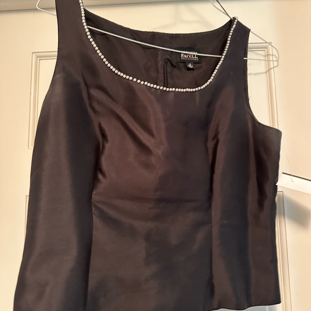 Adriana Papel occasions. Black short top boat neck pearls front and back neck